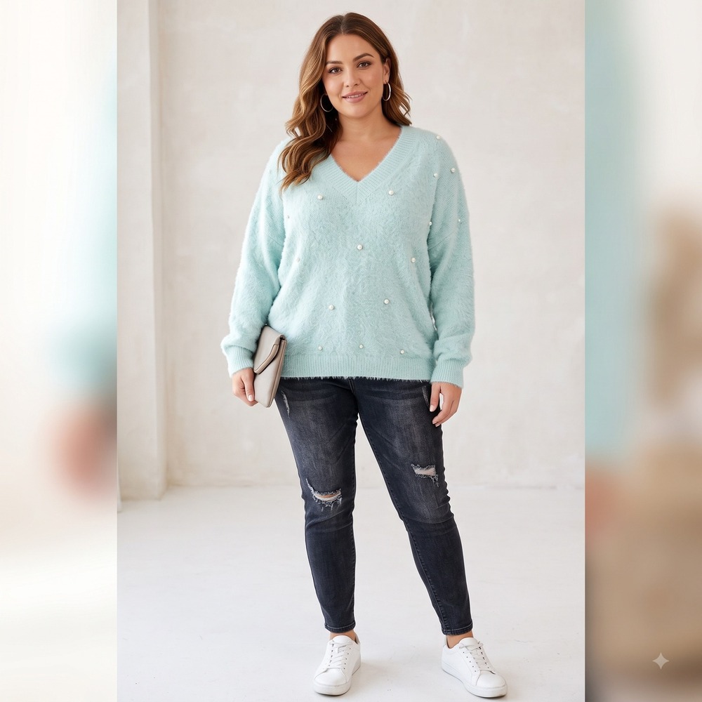 Mint Blue Fuzzy Knit‎ V-Neck Sweater Large Pearl Embellished Dolman Pullover XL